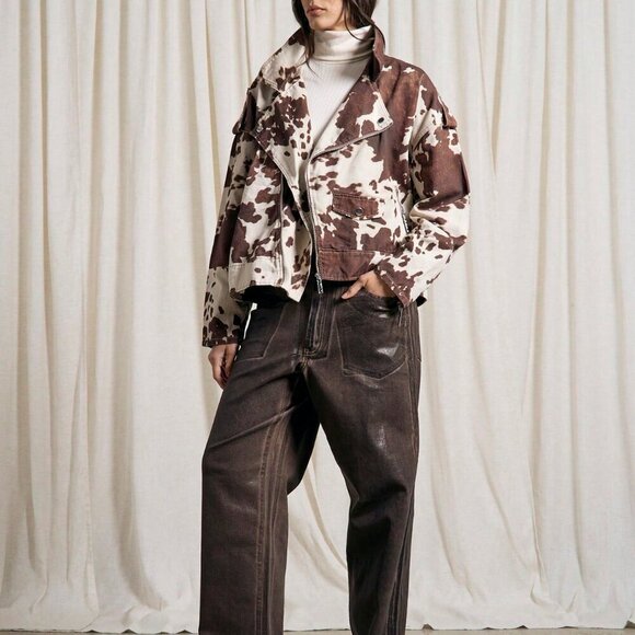 Casual Women's Cow Print Denim Jacket Western Distress contemporary - Picture 5 of 5